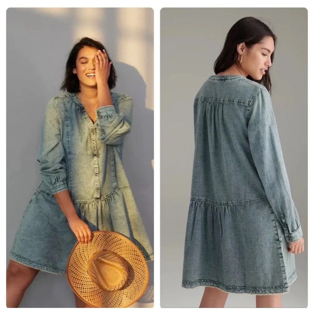 Anthropologie Pilcro Denim‎ Dress Lorelei Tunic Long Sleeve Pockets Boho Size 4